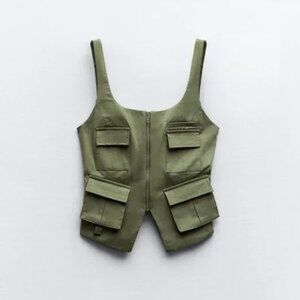 NWT ZARA POCKET VEST TOP LIGHT KHAKI
